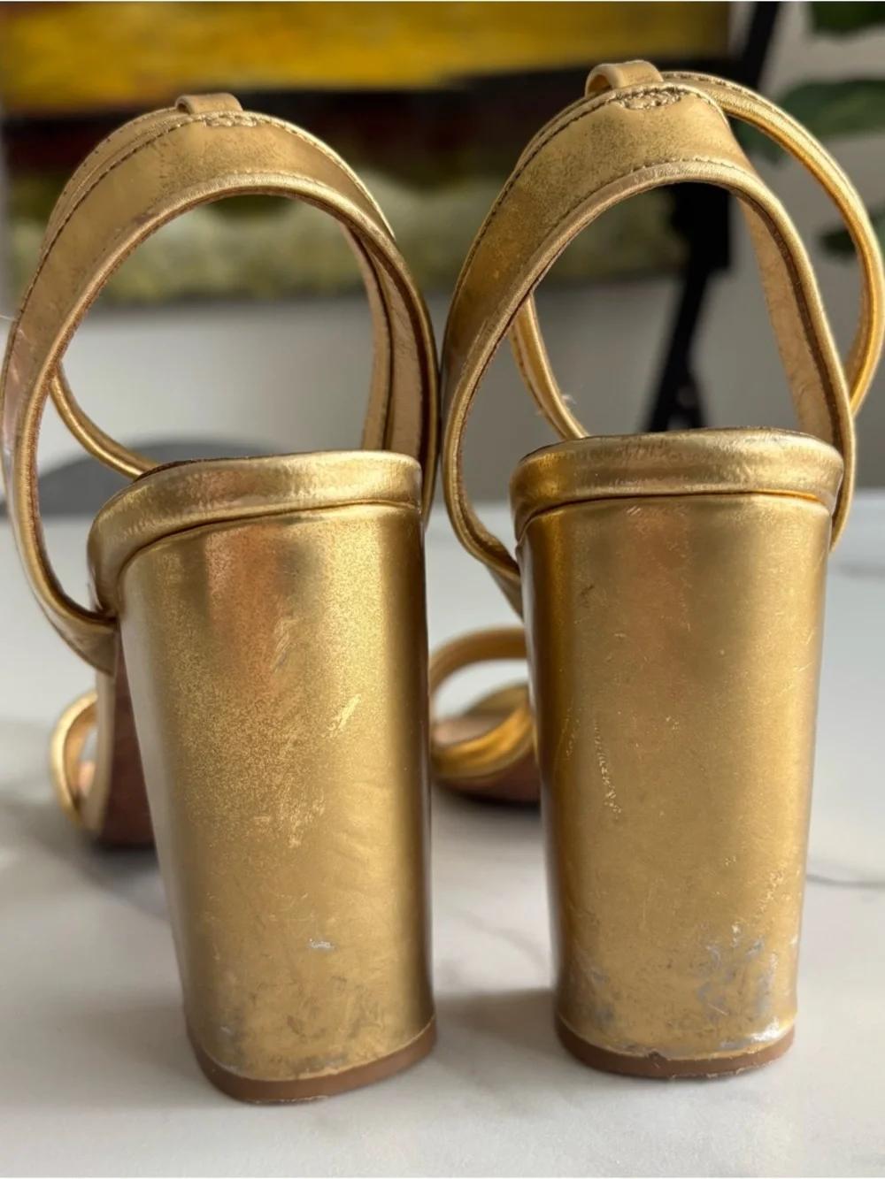 Sandro Metallic Gold Ankle-Strap Block Heel Sandals Sz 37 - Picture 3 of 9